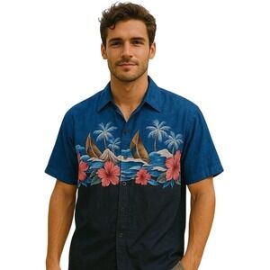 Vintage 90s Hawaii Blues Vintage Floral Print Beach Surf Button Up Shirt‎ XL New
